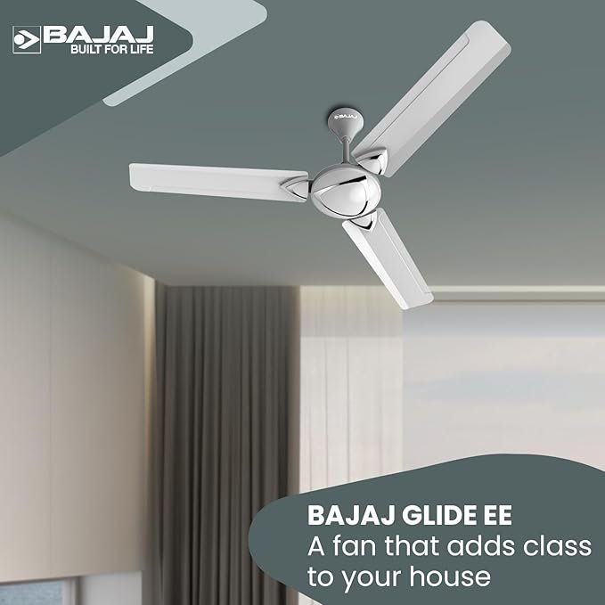 Bajaj Glide Ee 1200Mm (48") Ceiling Fans For Home |Bee Star Rated Energy Efficient Ceiling Fan|Rust Free Coating|Unique Chrome Plated|Designer Fan|Highspeed| 2-Yr Warranty Snowy White, 1 Star