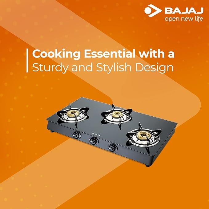 Bajaj GP6, 3-Burner Stainless Steel & Glass Gas Stove (Manual, Black, ISI Certified)