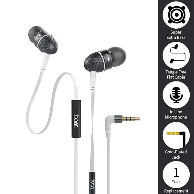 boAt BassHeads 228 in-Ear Wired Earphones with Super Extra Bass, Metallic Finish, Tangle-Free Cable and Gold Plated Angled Jack (Frost White)