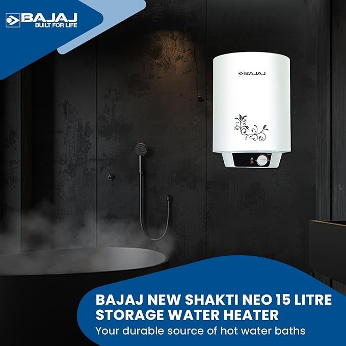 Bajaj New Shakti Neo 15L Vertical Storage Water Heater| Star Rated Water Geyser| Water Heating with Titanium Armour & Swirl Flow Technology|Glasslined Tank|Wall Mounting| 1-Yr Warranty by Bajaj| White