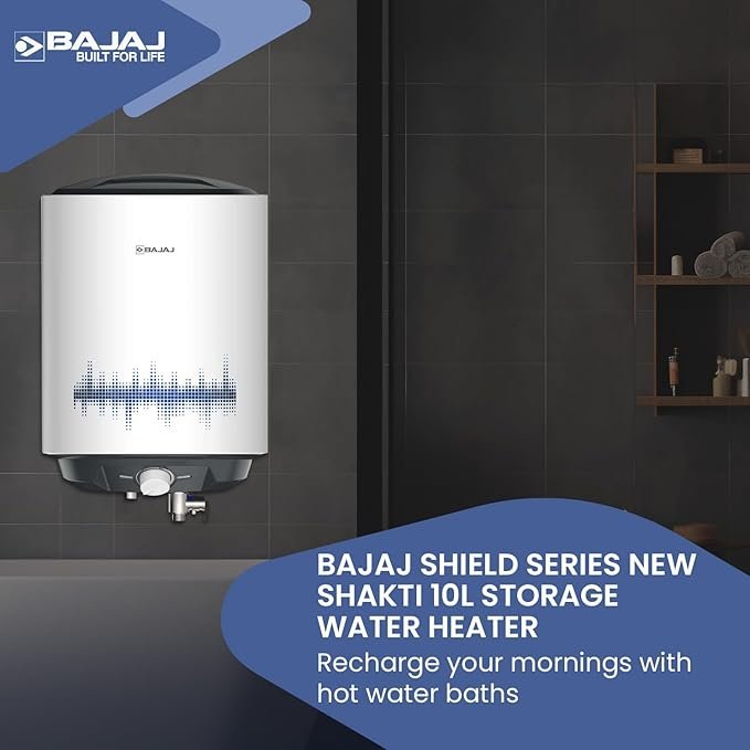 Bajaj Shield Series New Shakti 10L Storage Water Heater For Home|5-Star Rated Geyser|Multiple Safety System|Non-Stick Heating Element|20% More Hot Water*|For High Rise Buildings|4-Yr Warranty|White