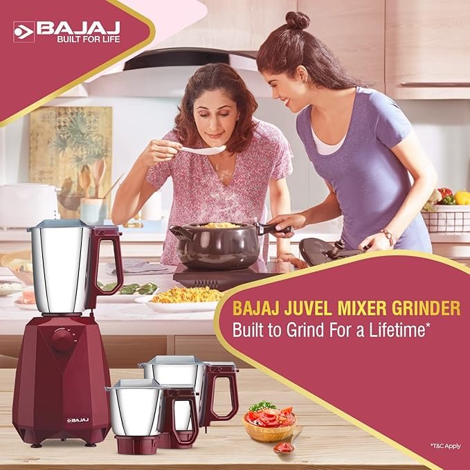 Bajaj Juvel Mixer Grinder Powerful 800W Titan Motor Mixer for Kitchen|DuraCut® Blades By Bajaj|Hands-Free Operation|Lid & Jar Lock Mechanism|5-Yr Warranty By Bajaj|Maroon