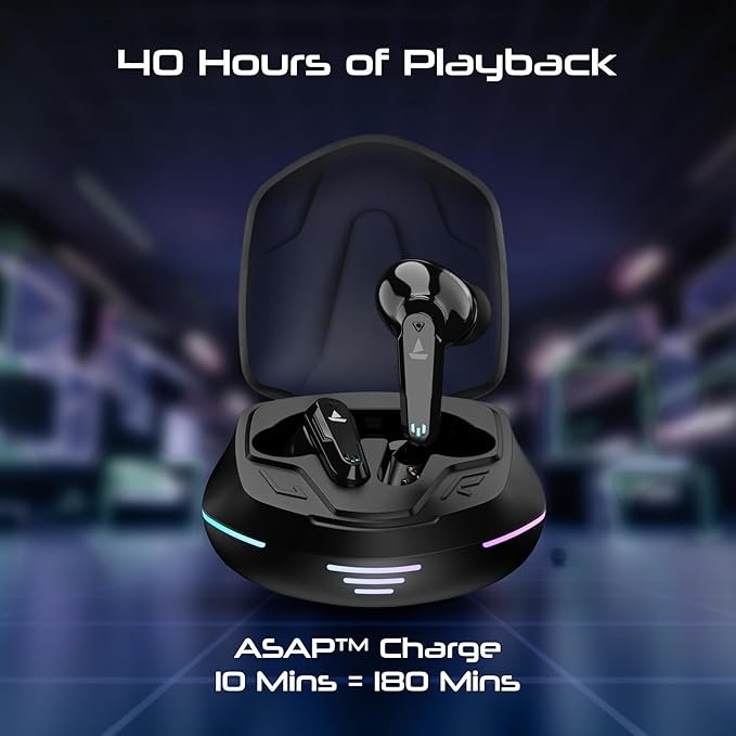 boAt Immortal 181 Tws Gaming in Ear Earbuds with Up to 40 Hrs Playtime,Quad Mics with Enx Tech,Beast Mode with 40Ms Latency,ASAP Charge,Ipx4,Iwp, Rgb Led Lights, Btv5.3(Black Sabre)