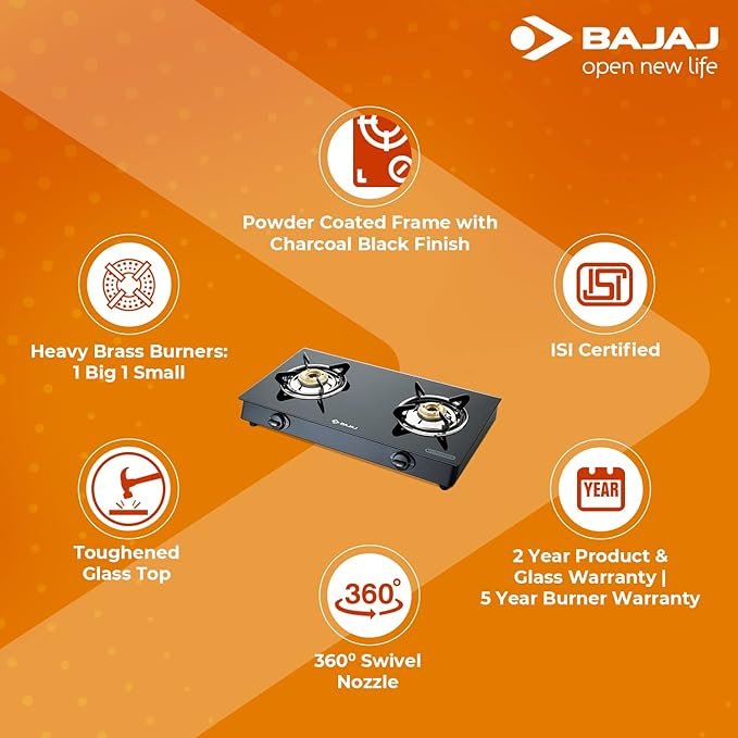 Bajaj GP6, 2-Burner Stainless Steel & Glass Gas Stove (Manual, Black, ISI Certified)