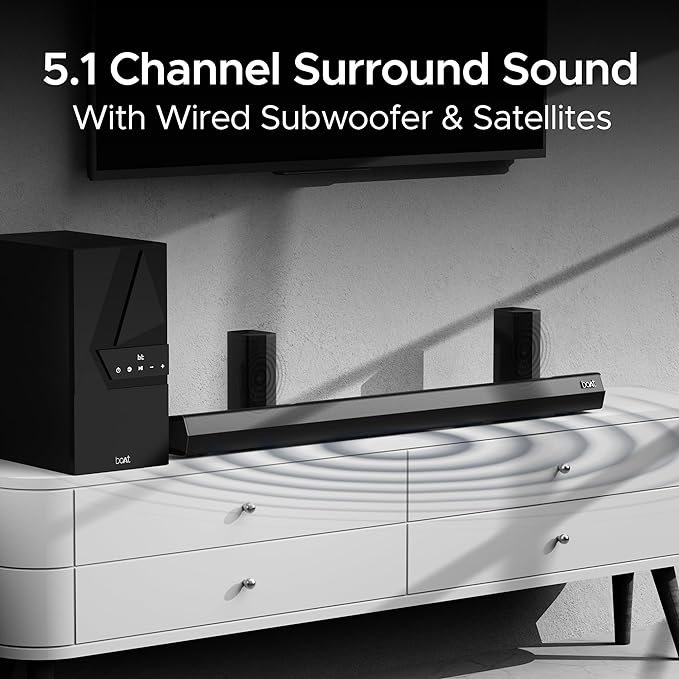 boAt Aavante Bar 3600 Bluetooth Soundbar w/ 500W RMS Signature Sound,5.1 Channel Surround Sound,BTv5.3, Wall Mountable Design,Bass&Treble Controls&Master Remote Control(Premium Black)