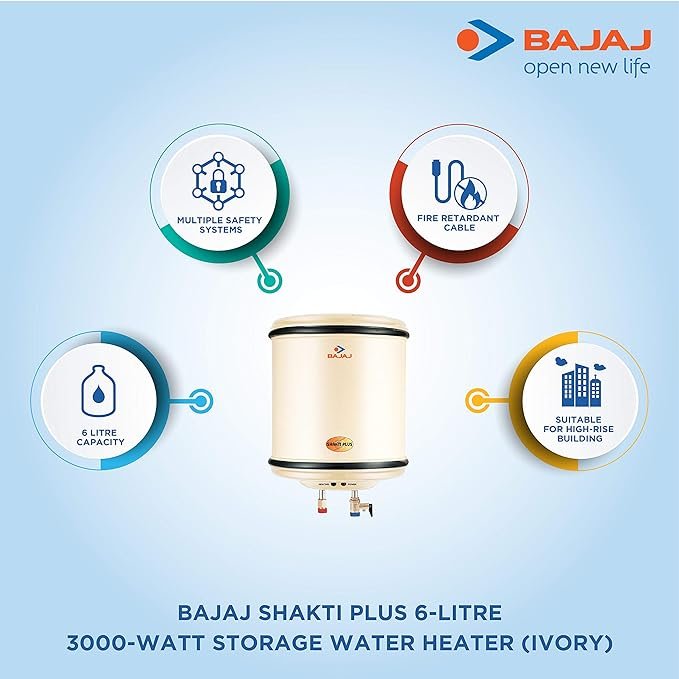 Bajaj Shakti Plus Storage 6-Litre Vertical Wall Water Heater (Ivory)