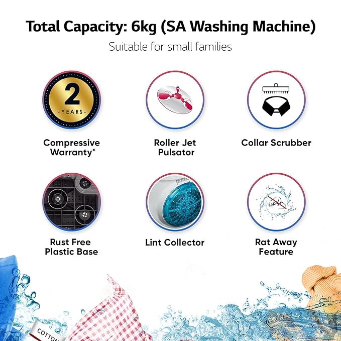 LG 6 Kg 5 Star Anti Rust Semi-Automatic Top Loading Washing Machine (P6001RGZ, Roller Jet Pulsator, Collar Scrubber, Dark Grey)